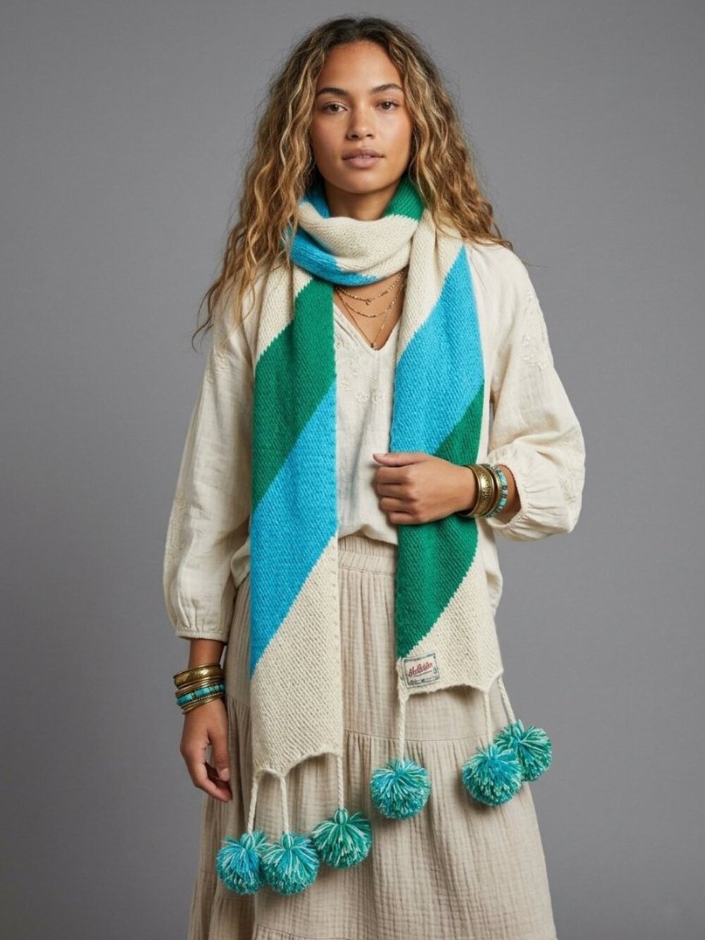 Hollister Chunky Knit Colorblock Pom Pom Scarf Cream Green Teal Boho